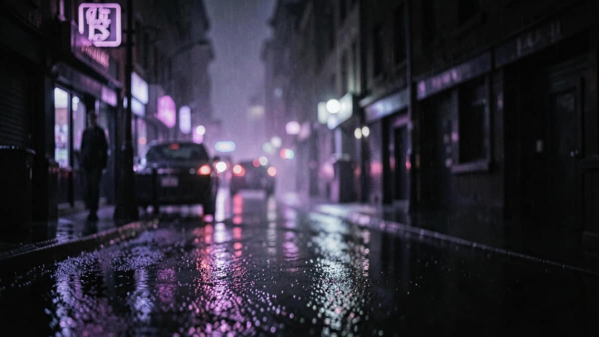 Rain-slicked city street at night lit by violet neon